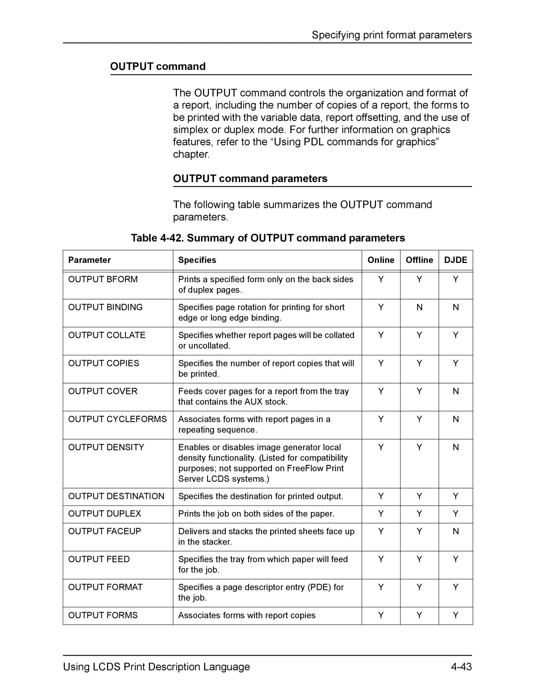 Xerox FreeFlow manual Summary of Output command parameters 