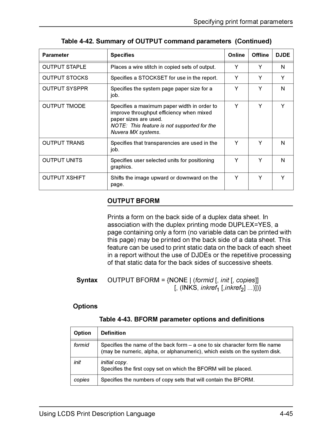 Xerox FreeFlow manual Output Bform, Bform parameter options and definitions, Nuvera MX systems 