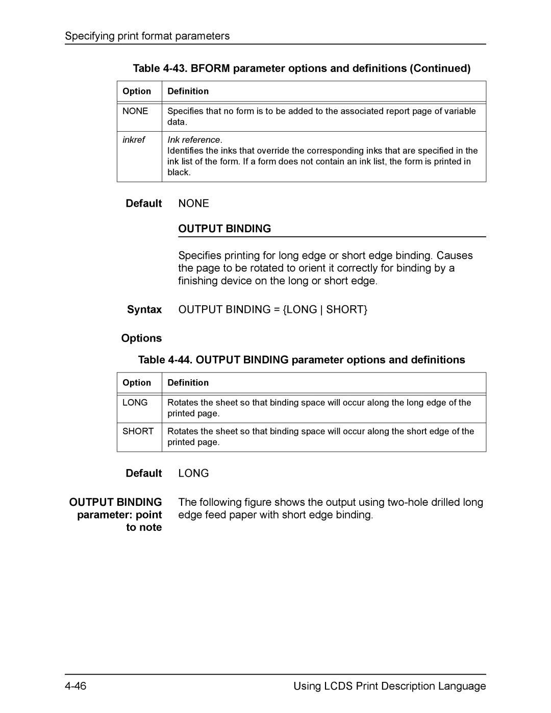 Xerox FreeFlow manual Bform parameter options and definitions, Output Binding, Default Long, Inkref Ink reference 