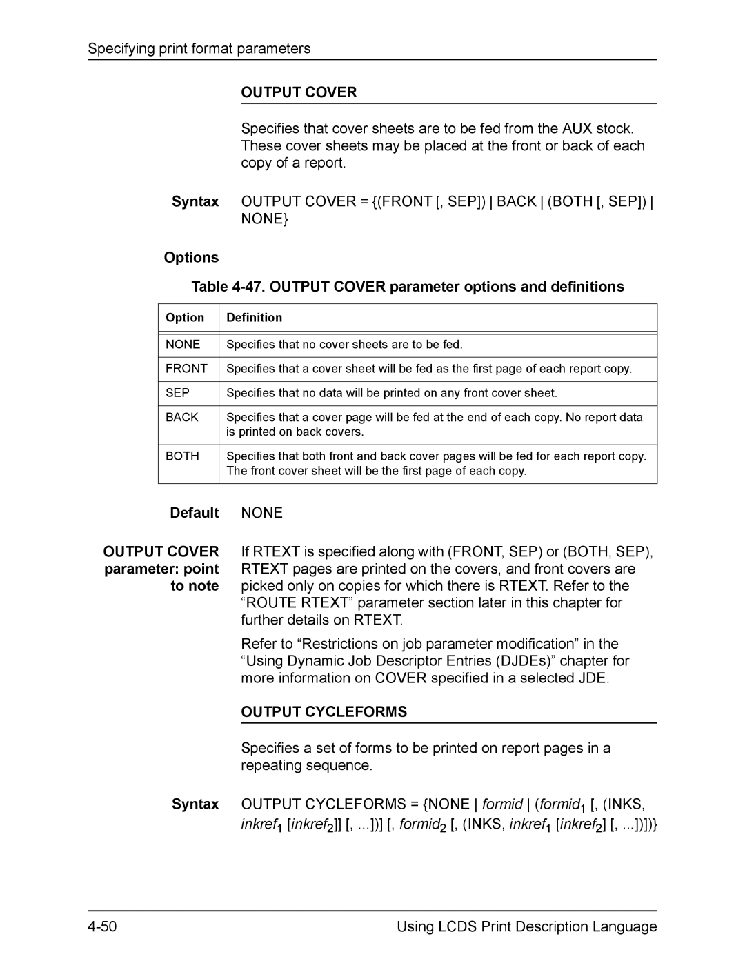 Xerox FreeFlow manual Options 47. Output Cover parameter options and definitions, Output Cycleforms 