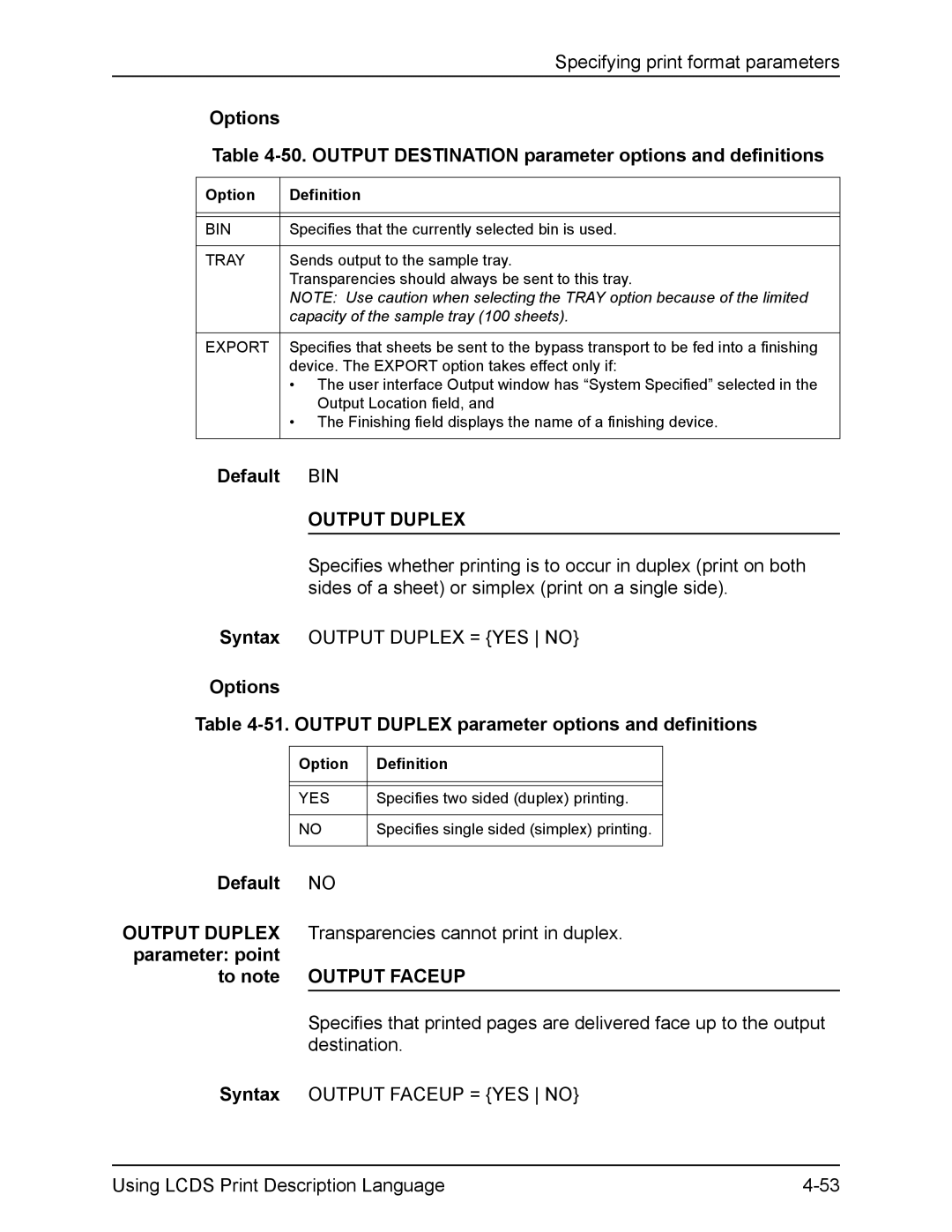 Xerox FreeFlow manual Default BIN, Options 51. Output Duplex parameter options and definitions, Output Faceup 