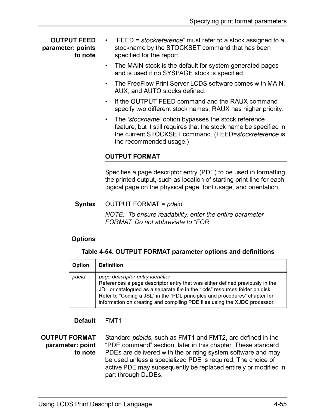 Xerox FreeFlow manual Options 54. Output Format parameter options and definitions, Default FMT1 