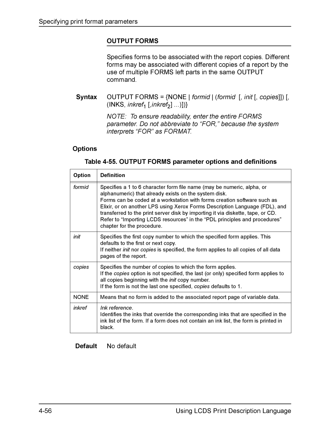 Xerox FreeFlow manual Options 55. Output Forms parameter options and definitions 