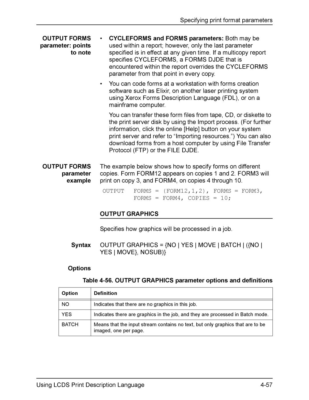 Xerox FreeFlow Cycleforms and Forms parameters Both may be, Output Forms, FORM12,1,2, Forms FORM4, Copies, Output Graphics 