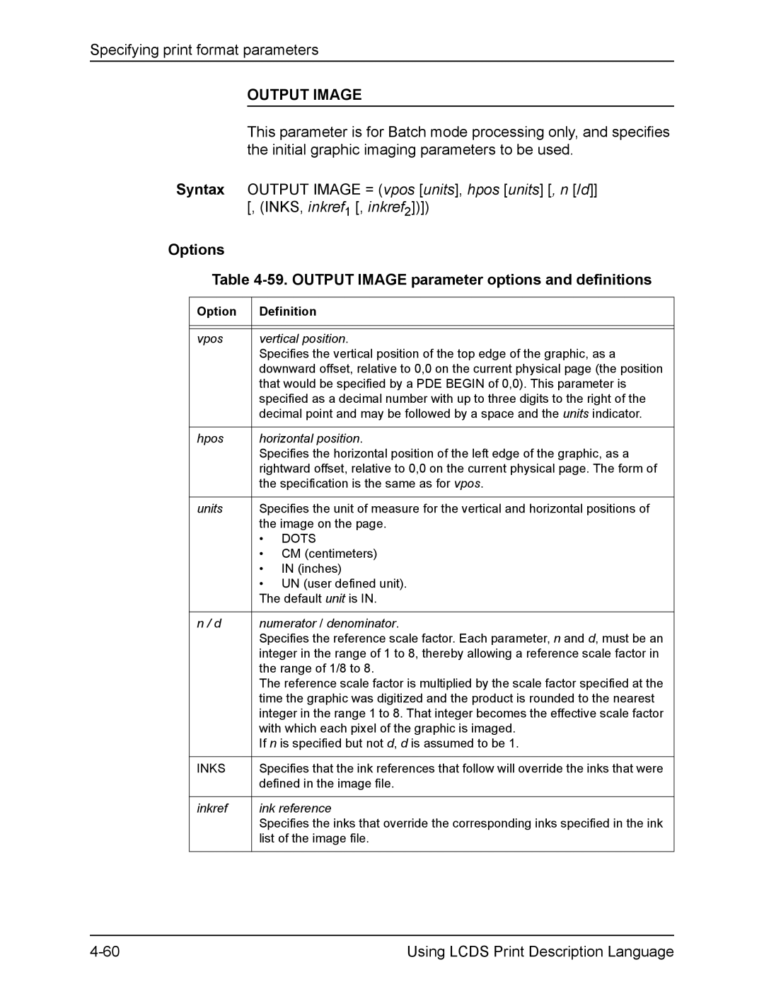 Xerox FreeFlow manual Options 59. Output Image parameter options and definitions 