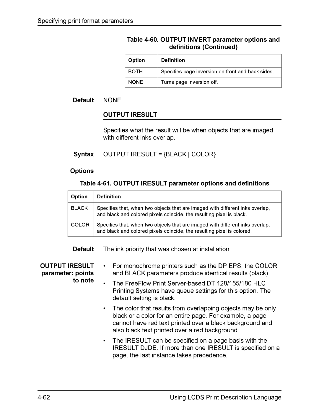 Xerox FreeFlow manual Output Invert parameter options Definitions, Output Iresult, Black, Color 