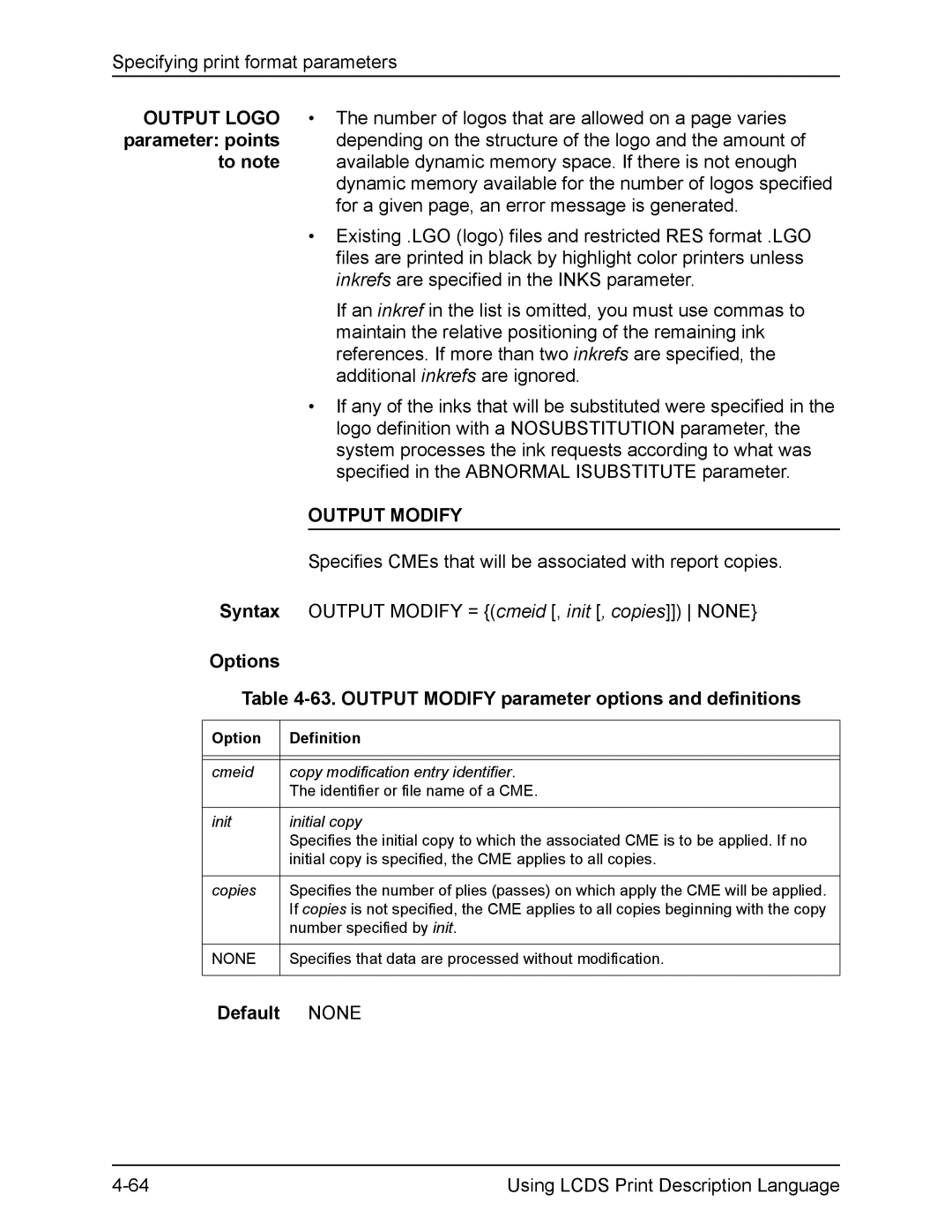 Xerox FreeFlow manual Options 63. Output Modify parameter options and definitions 