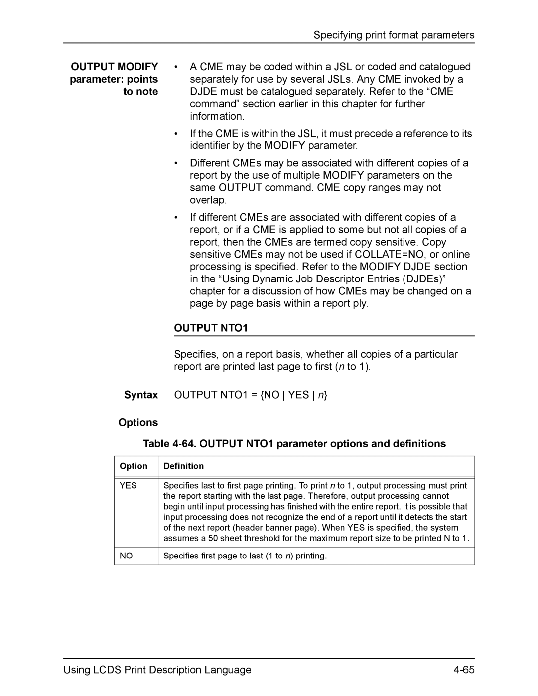 Xerox FreeFlow manual Options 64. Output NTO1 parameter options and definitions 