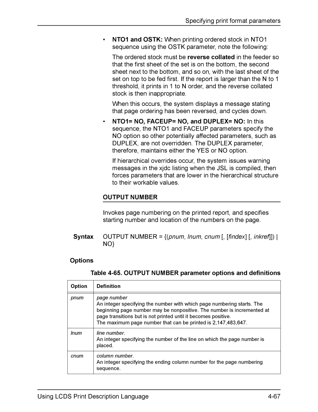 Xerox FreeFlow manual Options 65. Output Number parameter options and definitions 