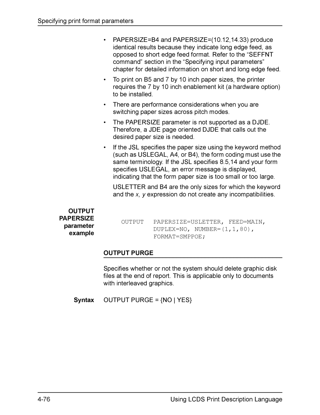 Xerox FreeFlow manual Output Papersize parameter example, Output Purge 