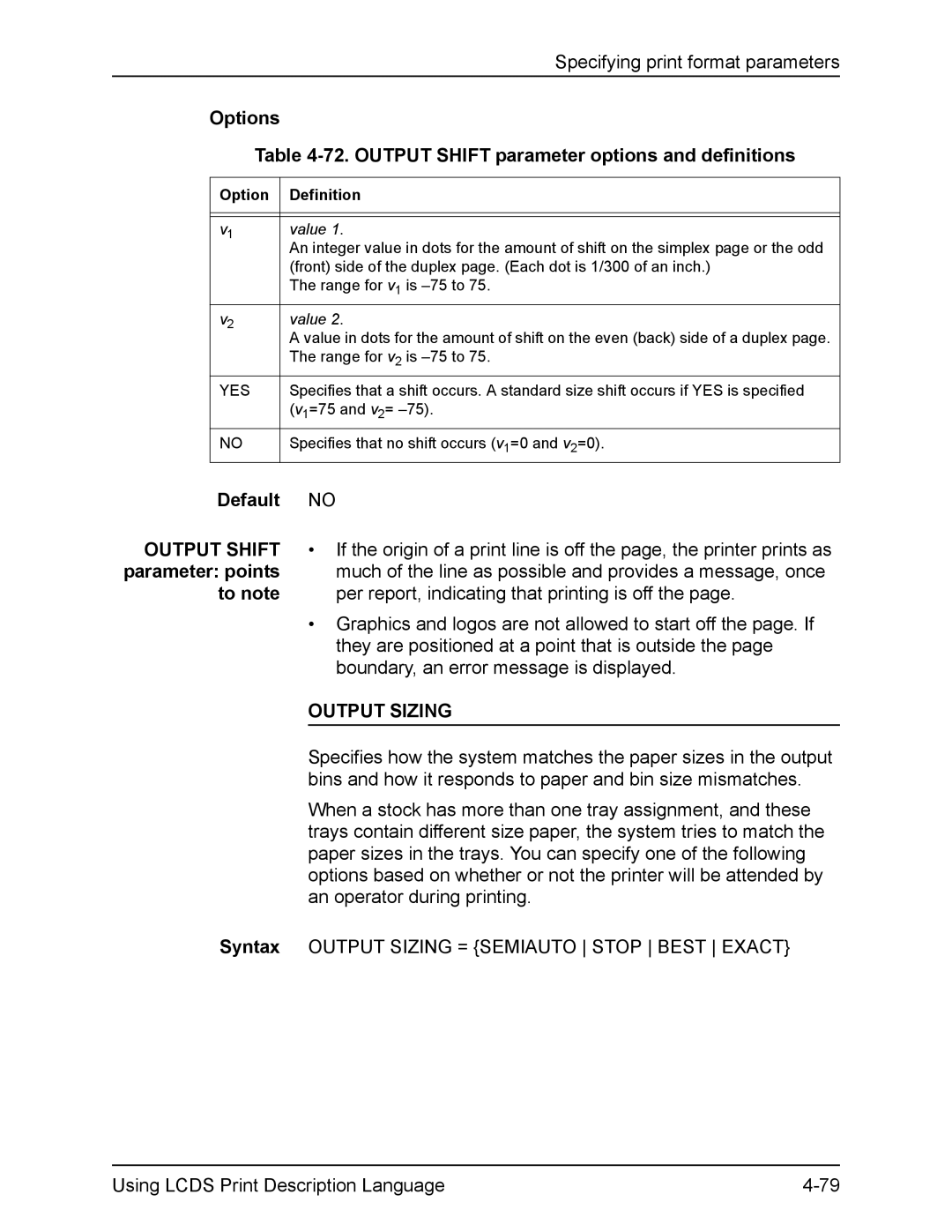 Xerox FreeFlow manual Options 72. Output Shift parameter options and definitions 