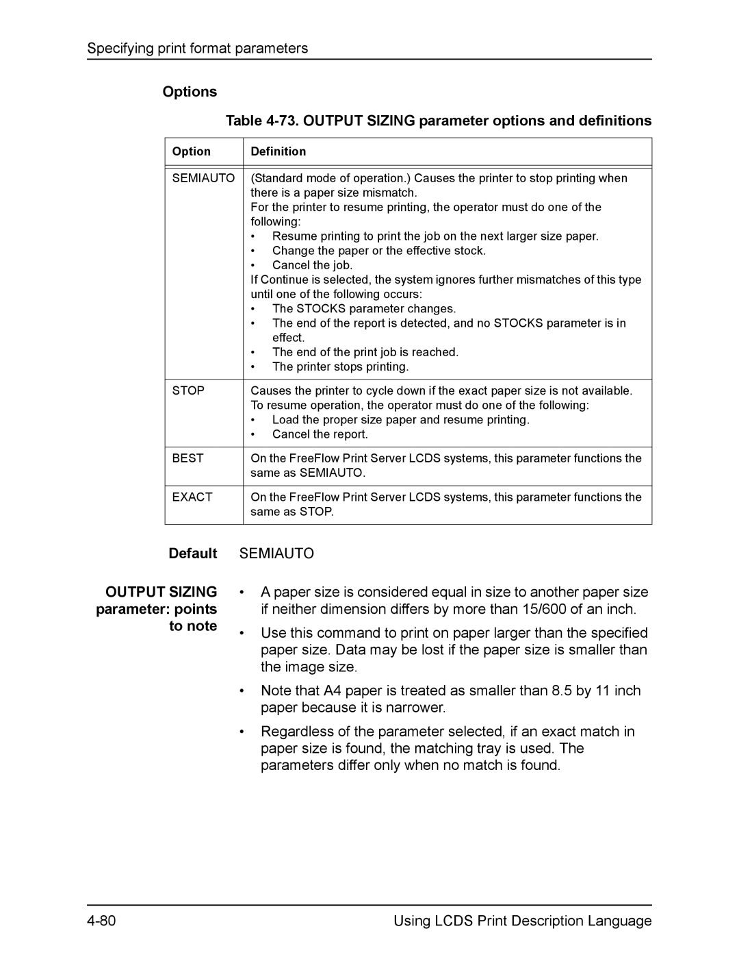 Xerox FreeFlow Options 73. Output Sizing parameter options and definitions, Default Output Sizing parameter points to note 