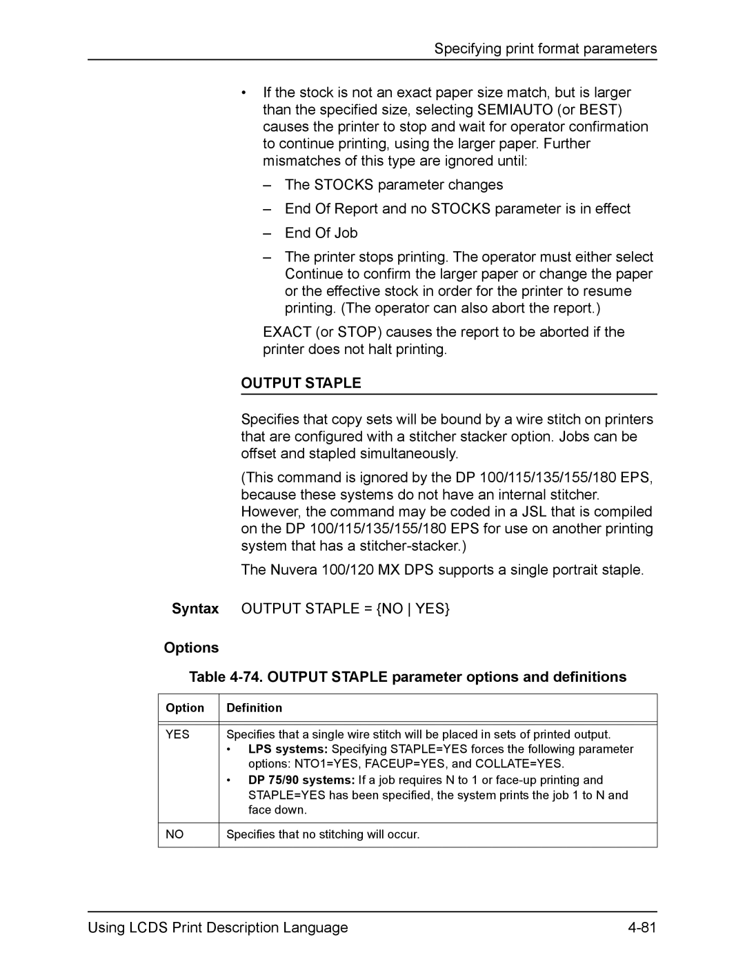 Xerox FreeFlow manual Options 74. Output Staple parameter options and definitions 