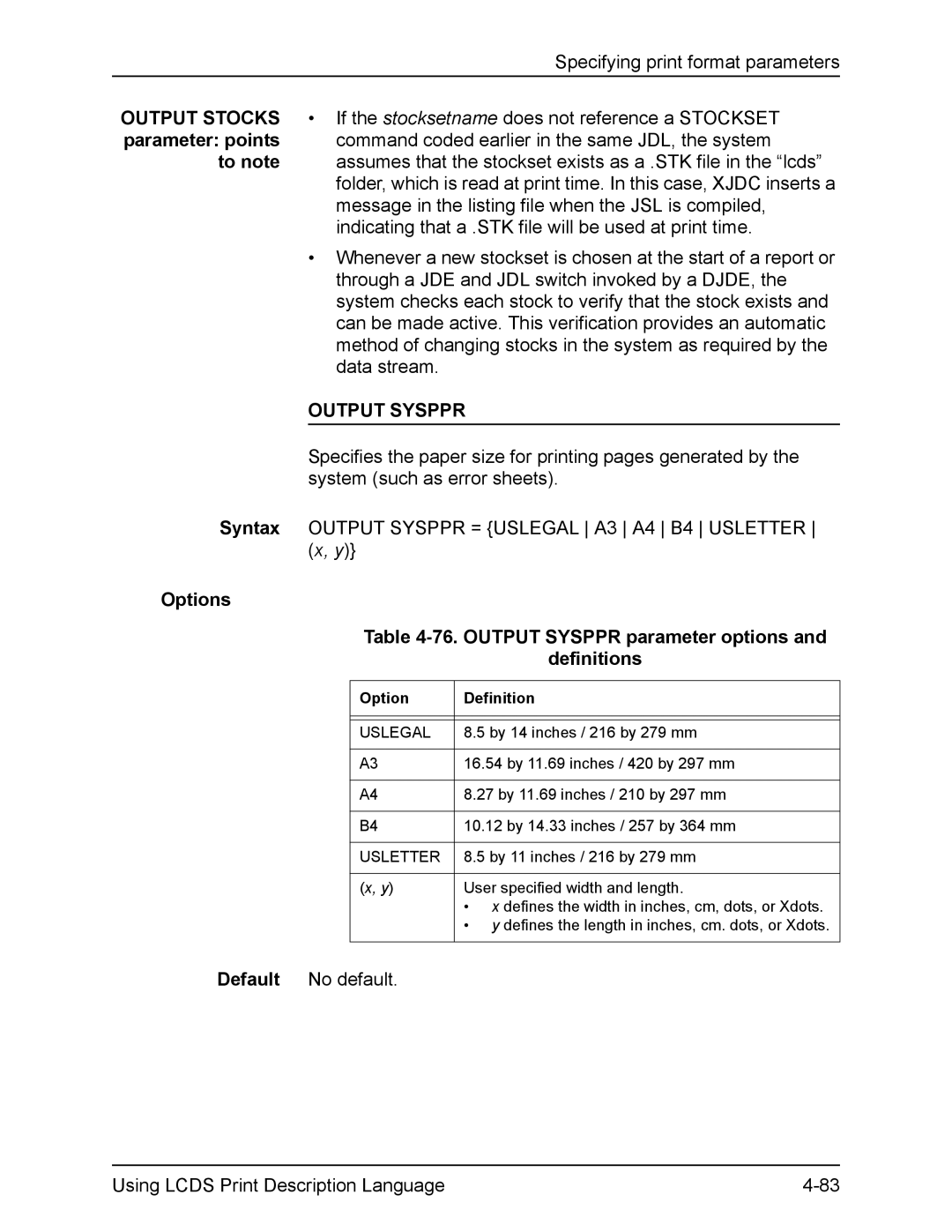 Xerox FreeFlow manual Options 76. Output Sysppr parameter options Definitions 