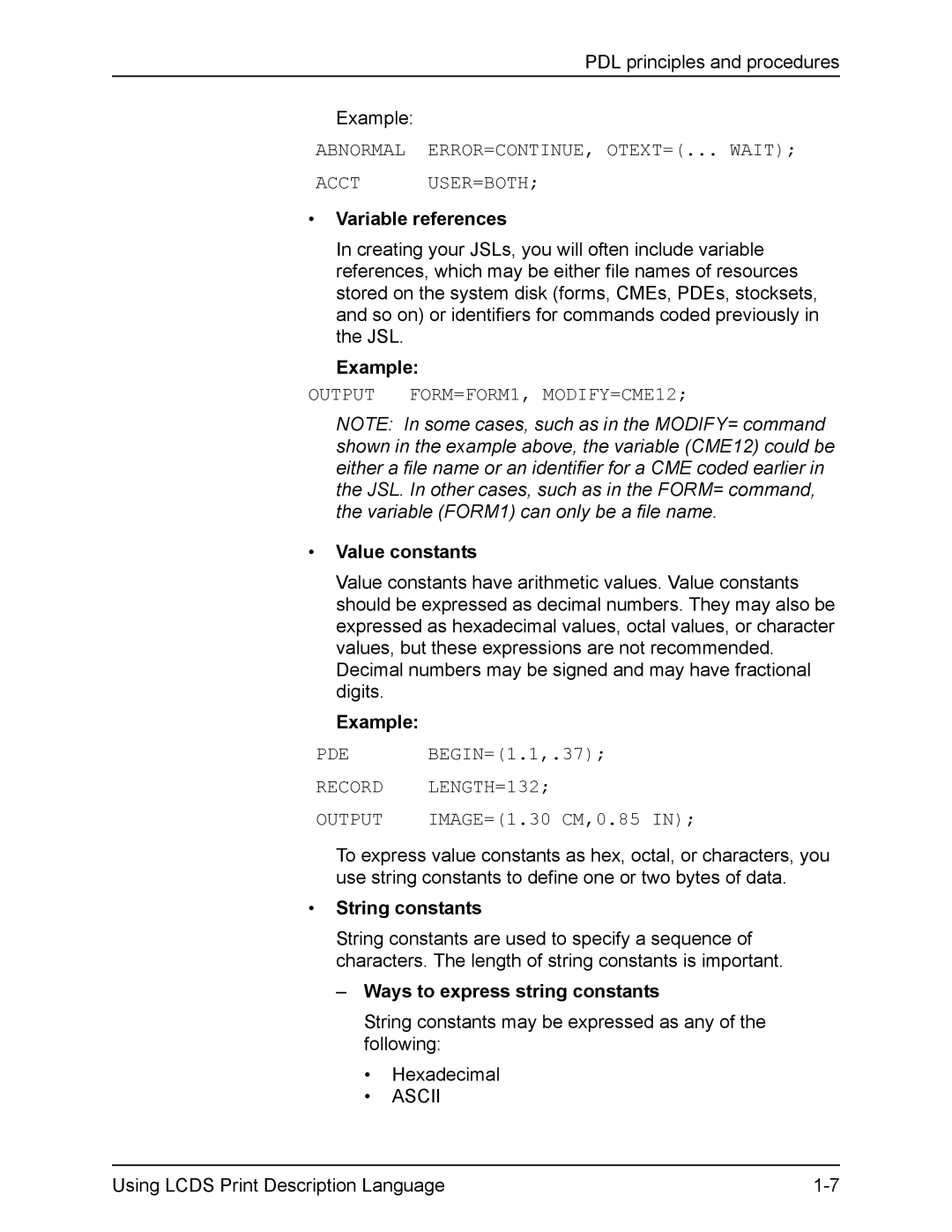 Xerox FreeFlow manual Variable references, Example, Value constants, String constants, Ways to express string constants 