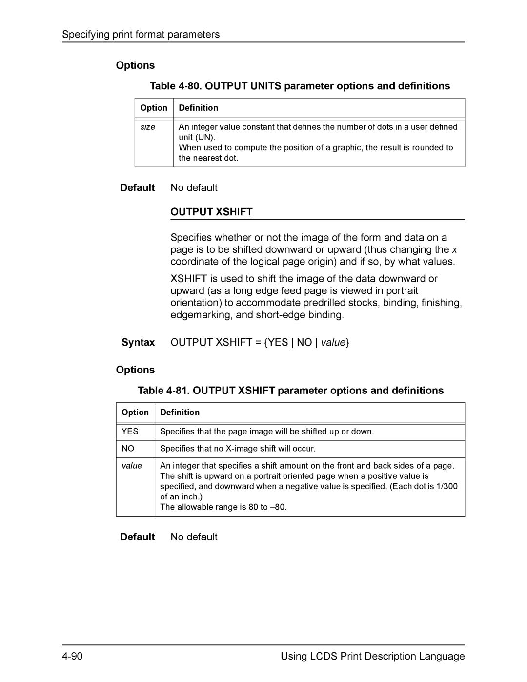 Xerox FreeFlow manual Options 80. Output Units parameter options and definitions, Output Xshift, Size 