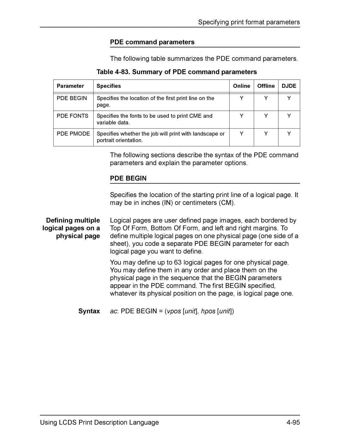 Xerox FreeFlow manual Summary of PDE command parameters, PDE Begin 