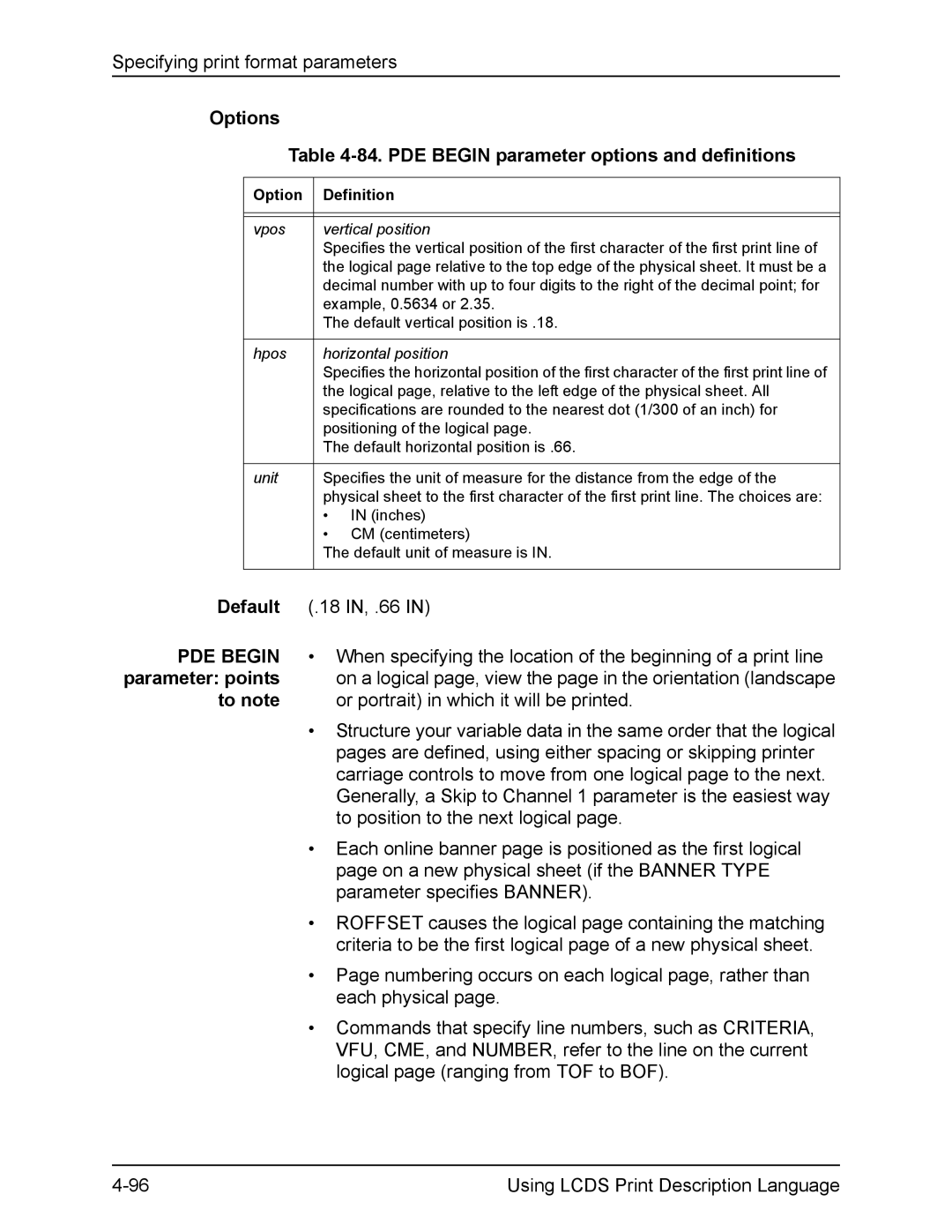 Xerox FreeFlow manual Options 84. PDE Begin parameter options and definitions 