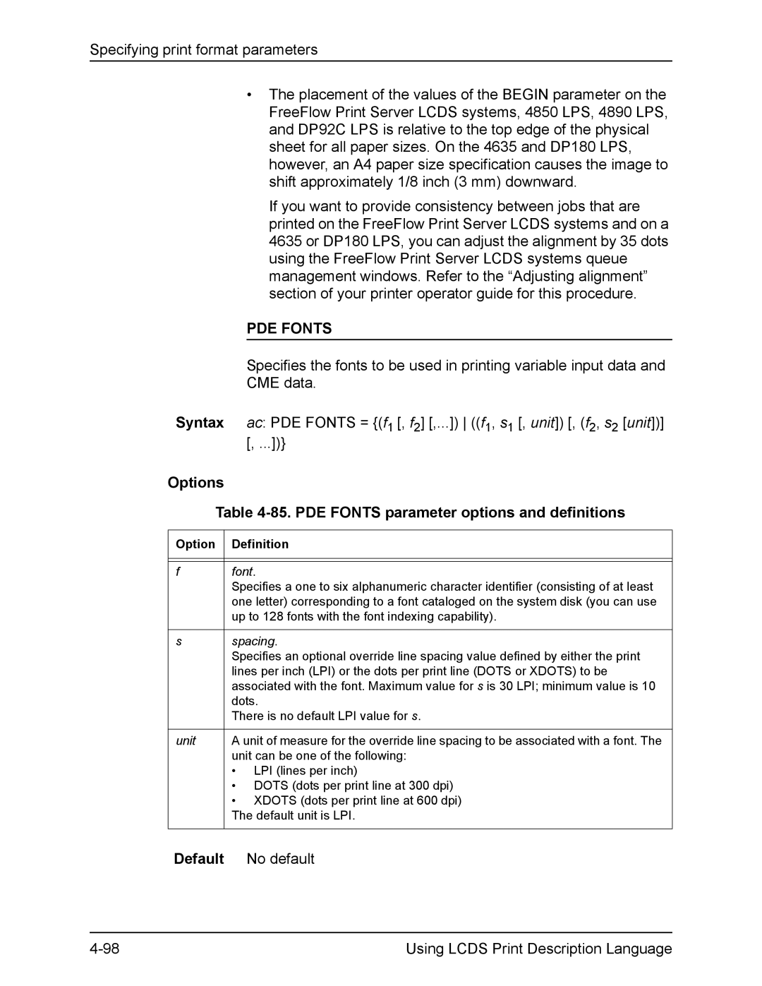 Xerox FreeFlow manual Options 85. PDE Fonts parameter options and definitions 