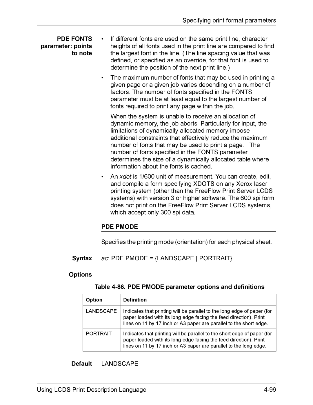 Xerox FreeFlow manual Options 86. PDE Pmode parameter options and definitions, Landscape 