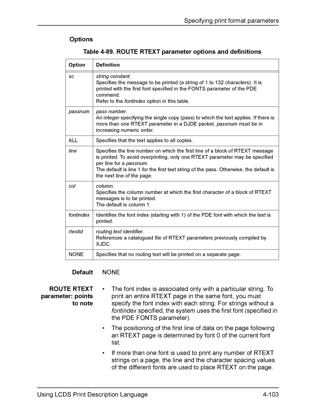 Xerox FreeFlow manual Options 89. Route Rtext parameter options and definitions, Command 