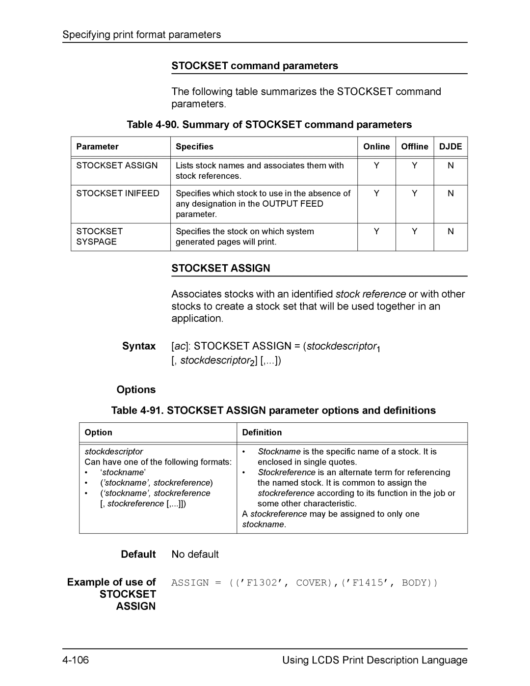 Xerox FreeFlow manual Summary of Stockset command parameters, Stockset Assign 