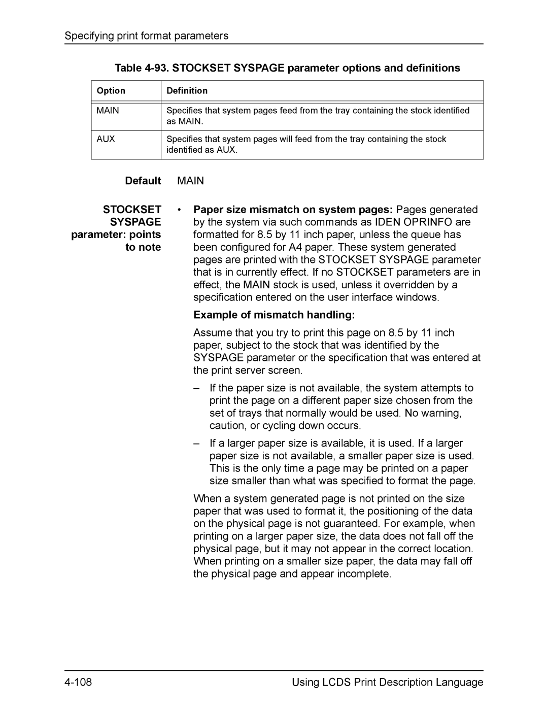 Xerox FreeFlow manual Stockset, Paper size mismatch on system pages Pages generated, Syspage, Example of mismatch handling 