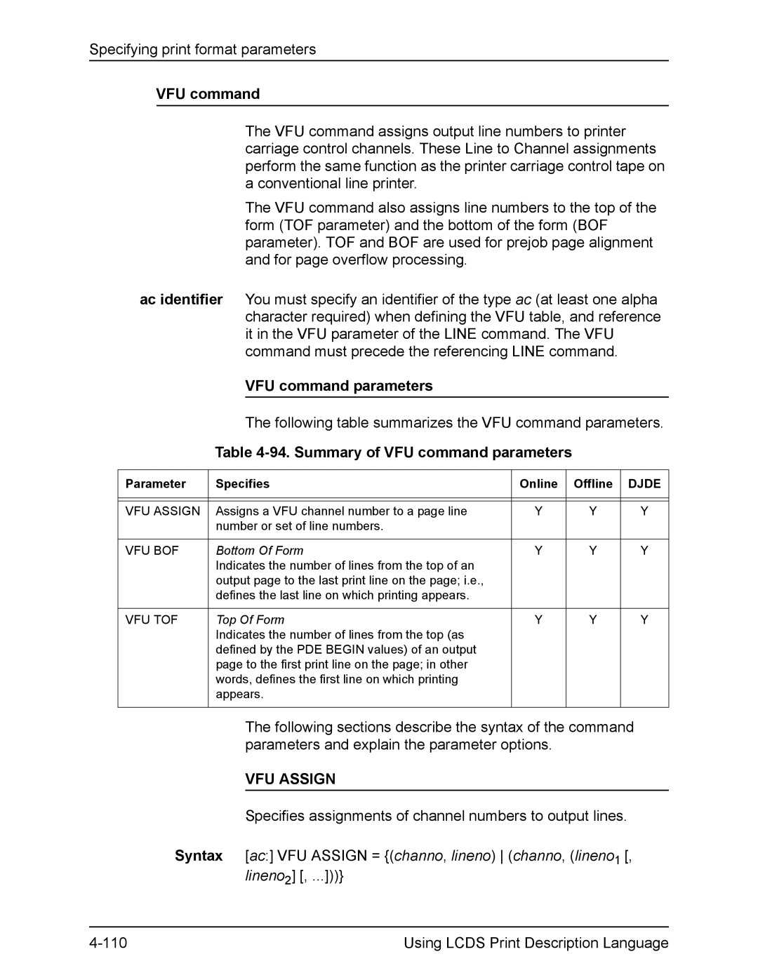 Xerox FreeFlow manual Summary of VFU command parameters, VFU Assign 