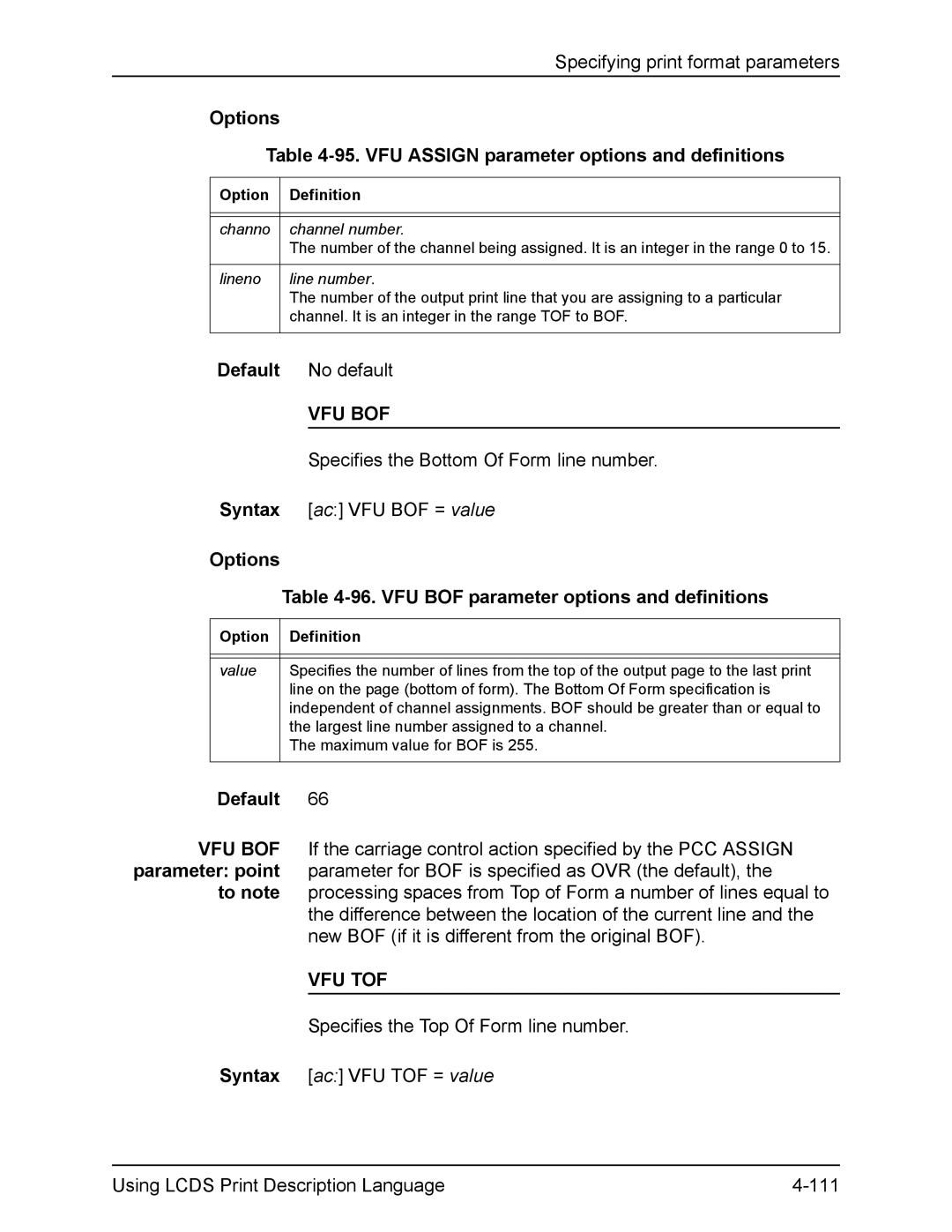 Xerox FreeFlow manual Options 95. VFU Assign parameter options and definitions, Vfu Tof 