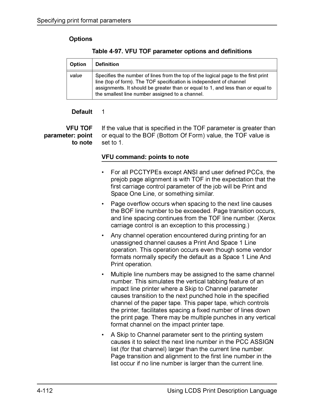 Xerox FreeFlow manual VFU TOF parameter options and definitions, VFU command points to note 