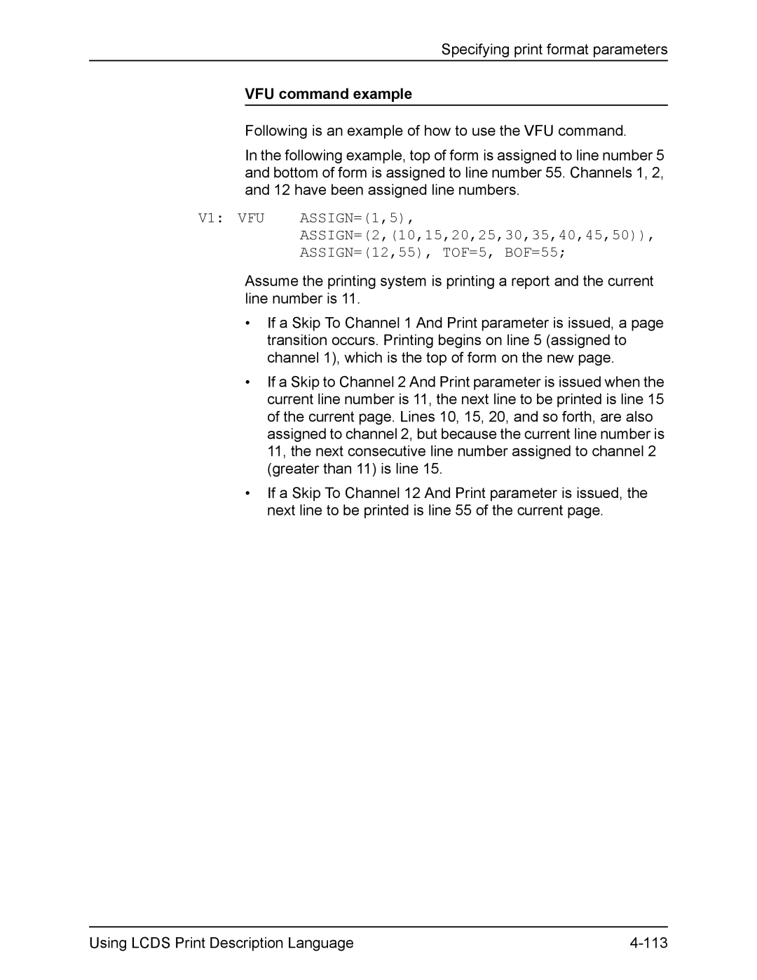 Xerox FreeFlow manual VFU command example, V1 VFU, ASSIGN=1,5, ASSIGN=12,55, TOF=5, BOF=55 