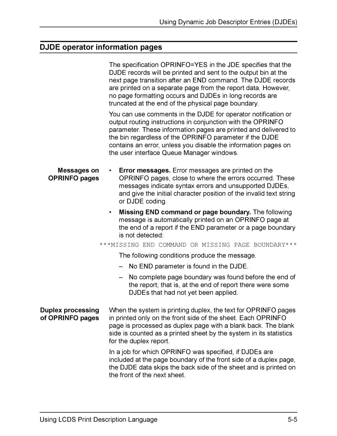 Xerox FreeFlow manual Djde operator information pages, Messages on, Missing END command or page boundary. The following 