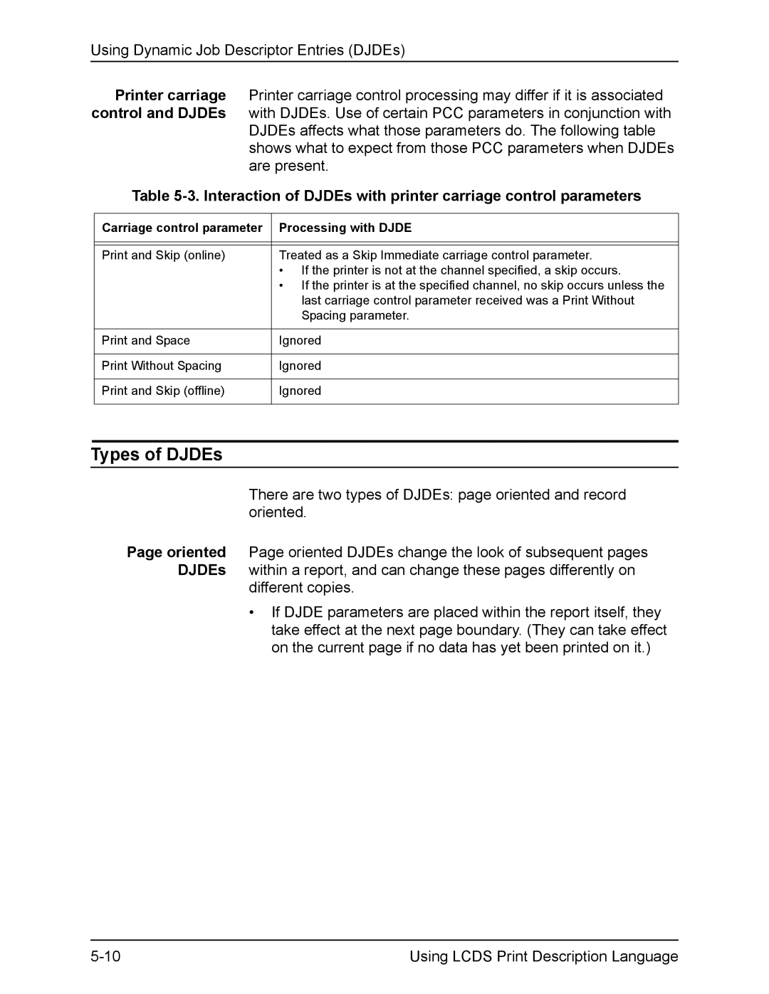 Xerox FreeFlow manual Types of DJDEs, Carriage control parameter Processing with Djde 