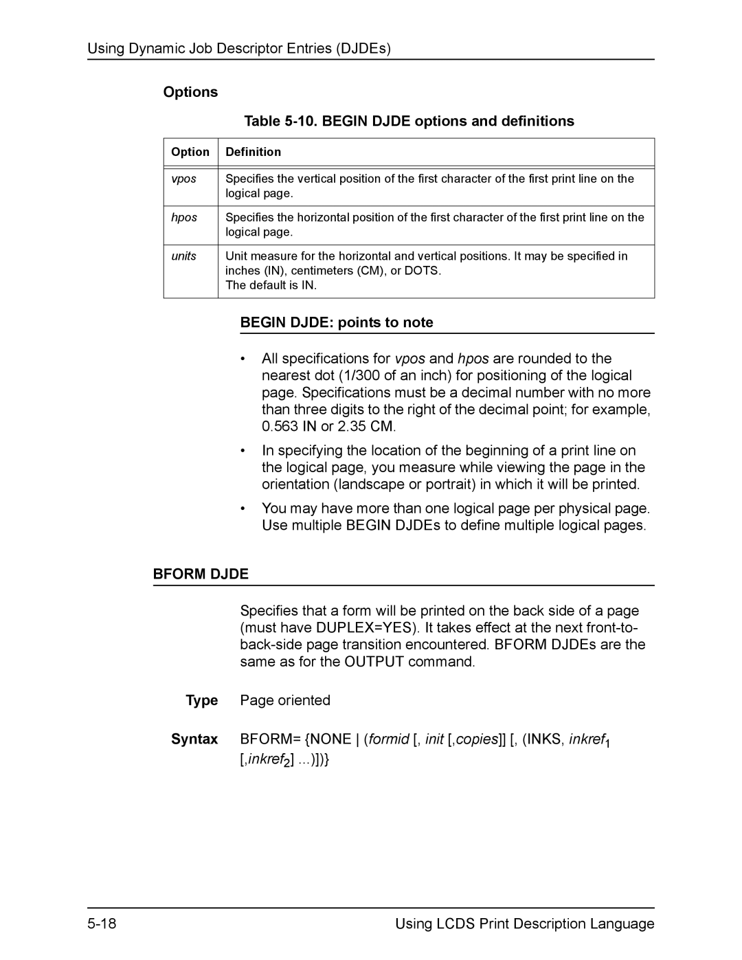 Xerox FreeFlow manual Begin Djde options and definitions, Begin Djde points to note, Bform Djde 