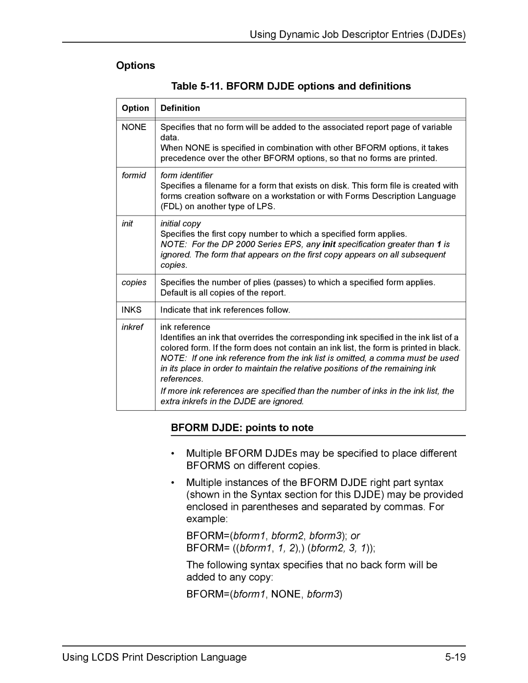 Xerox FreeFlow Options 11. Bform Djde options and definitions, Bform Djde points to note, Init Initial copy, References 