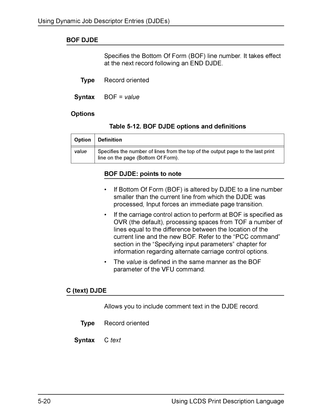 Xerox FreeFlow manual BOF Djde points to note, Text Djde, Syntax C text 