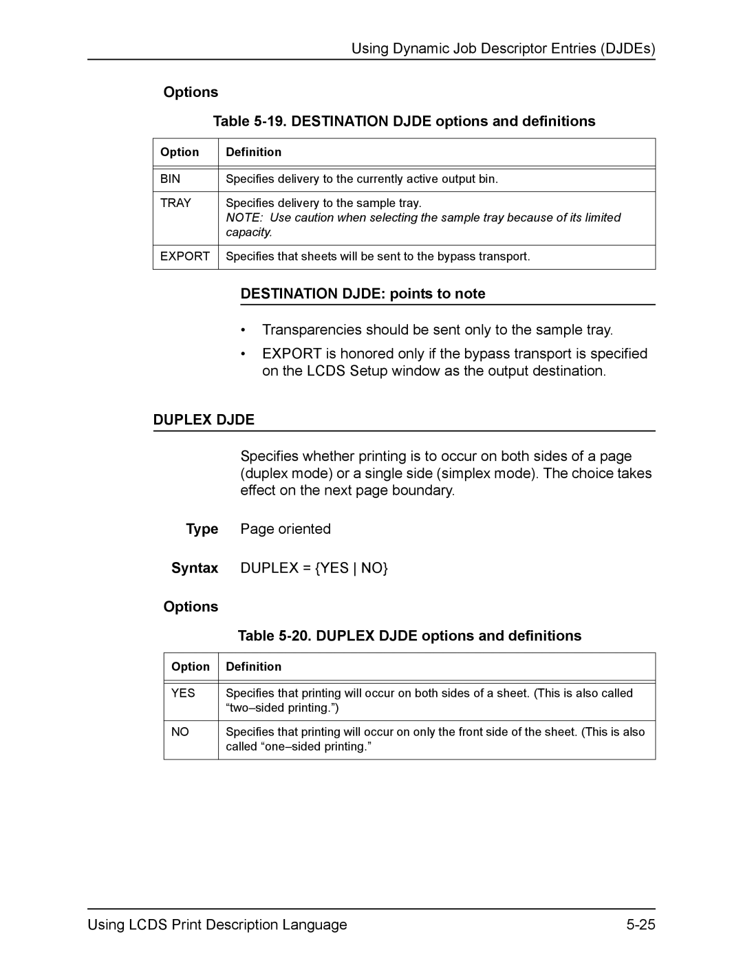 Xerox FreeFlow manual Options 19. Destination Djde options and definitions, Destination Djde points to note, Duplex Djde 