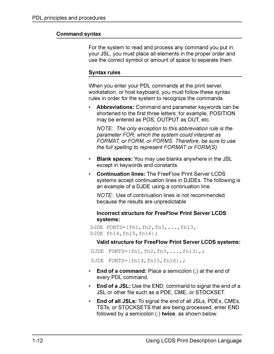 Xerox manual Command syntax, Syntax rules, Incorrect structure for FreeFlow Print Server Lcds systems 