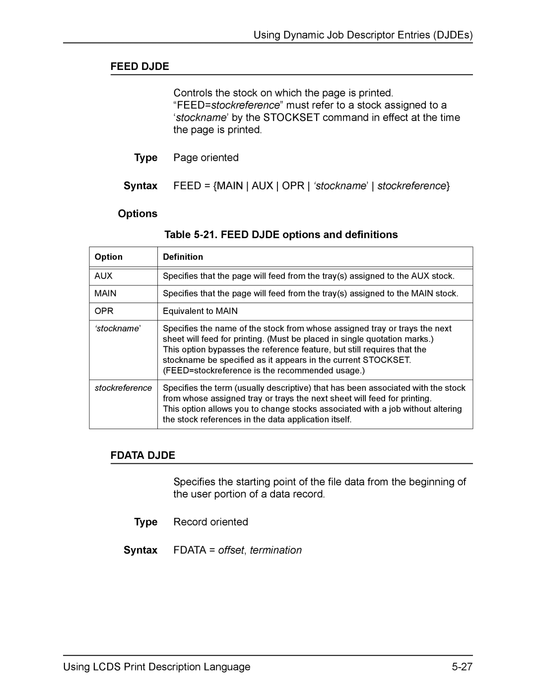 Xerox FreeFlow manual Options 21. Feed Djde options and definitions, Fdata Djde 