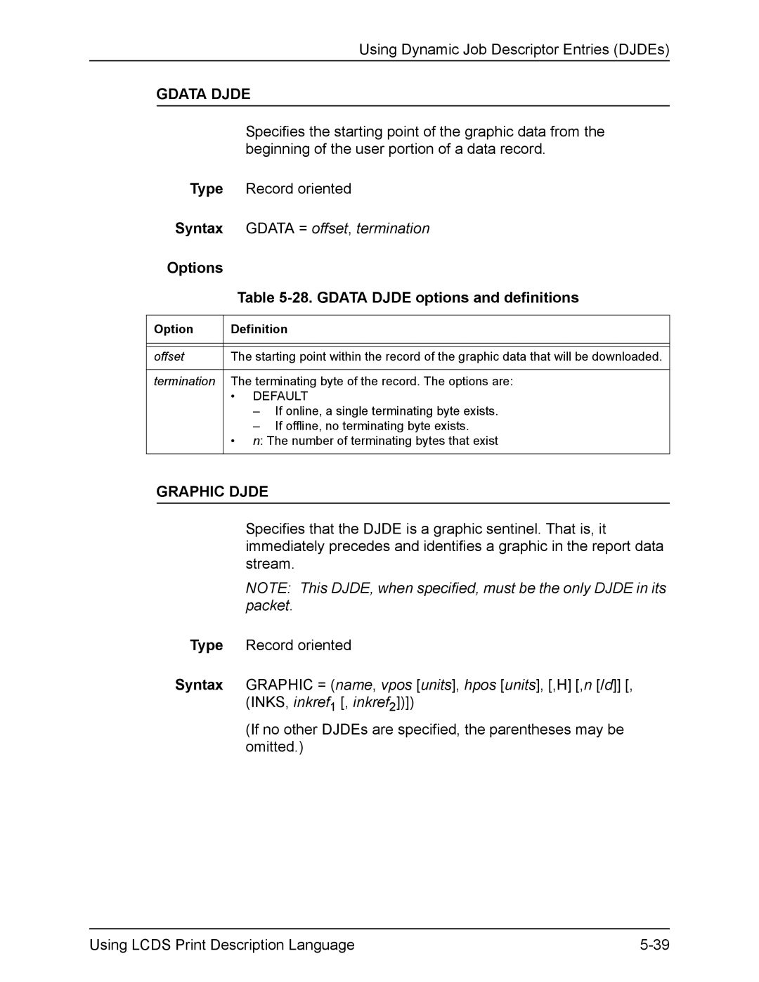 Xerox FreeFlow manual Options 28. Gdata Djde options and definitions, Graphic Djde 