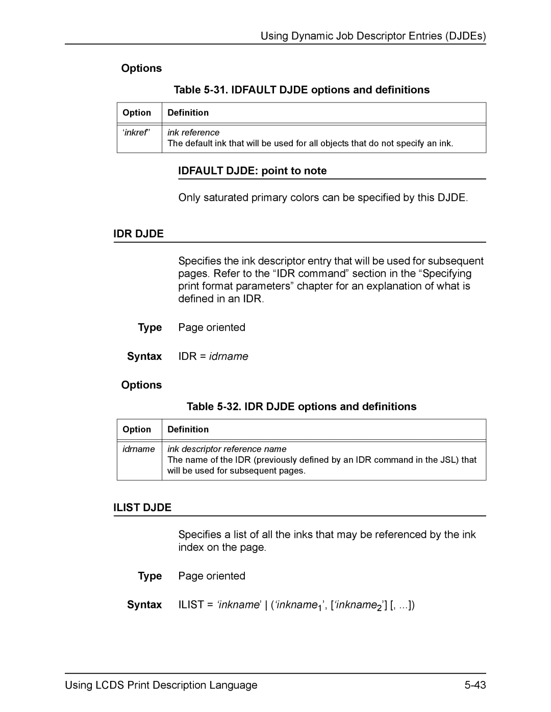 Xerox FreeFlow manual IDR Djde options and definitions, Ilist Djde 