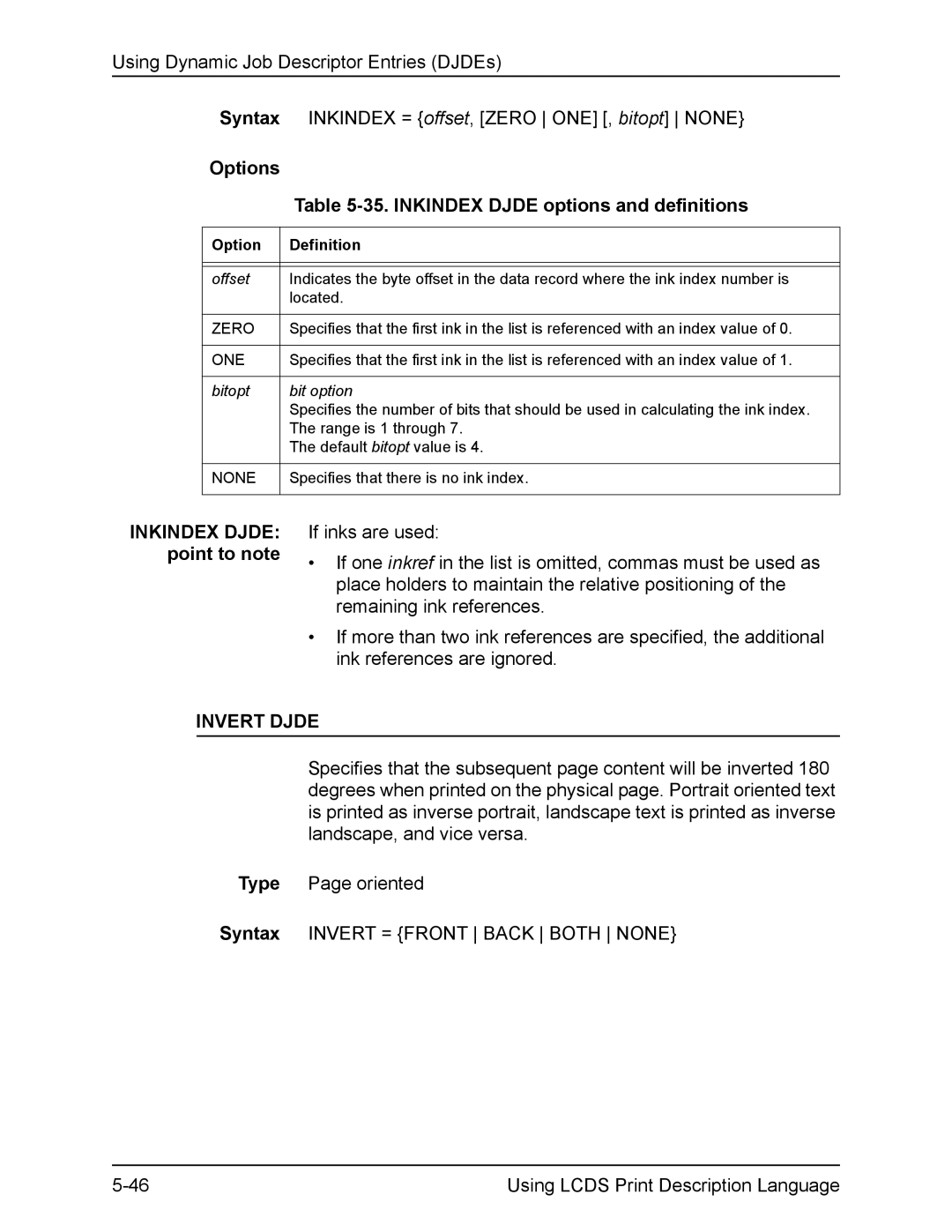 Xerox FreeFlow manual Inkindex Djde options and definitions, Invert Djde 