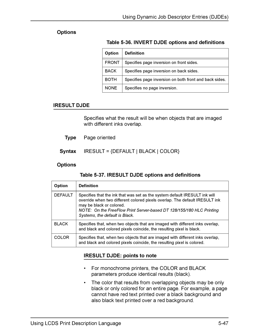 Xerox FreeFlow manual Options 36. Invert Djde options and definitions, Iresult Djde points to note 