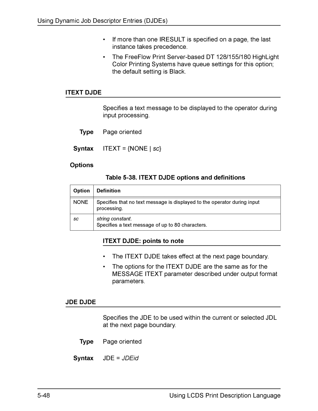 Xerox FreeFlow manual Options 38. Itext Djde options and definitions, Itext Djde points to note, Syntax JDE = JDEid 