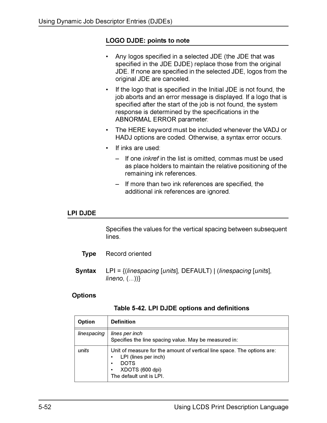 Xerox FreeFlow manual Logo Djde points to note, LPI Djde options and definitions 