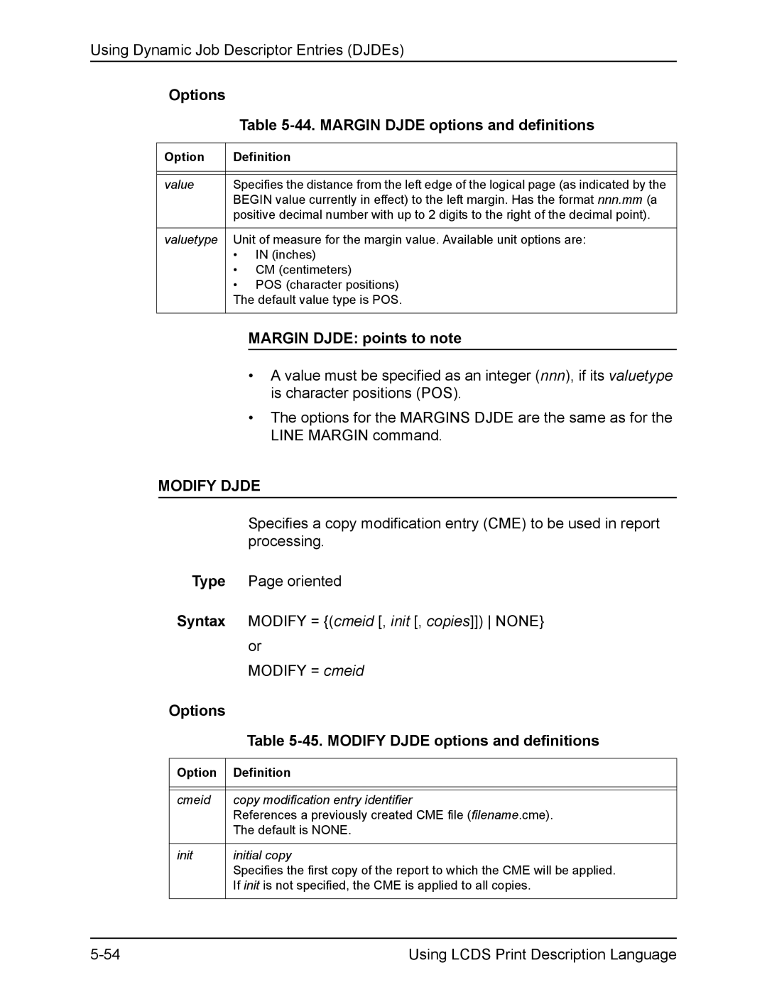 Xerox FreeFlow manual Options 44. Margin Djde options and definitions, Margin Djde points to note, Modify Djde, Type 