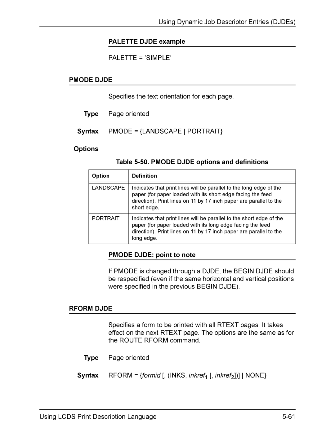 Xerox FreeFlow manual Palette Djde example, Options 50. Pmode Djde options and definitions, Pmode Djde point to note 