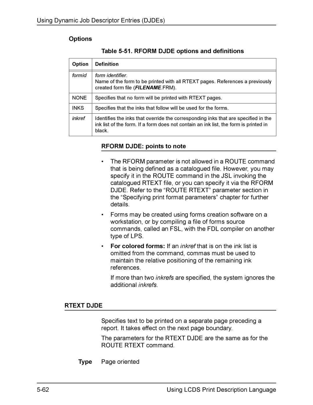 Xerox FreeFlow manual Rform Djde options and definitions, Rform Djde points to note, Rtext Djde 