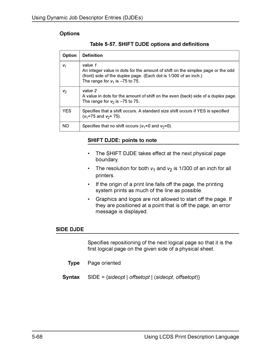 Xerox FreeFlow manual Shift Djde options and definitions, Shift Djde points to note, Side Djde 