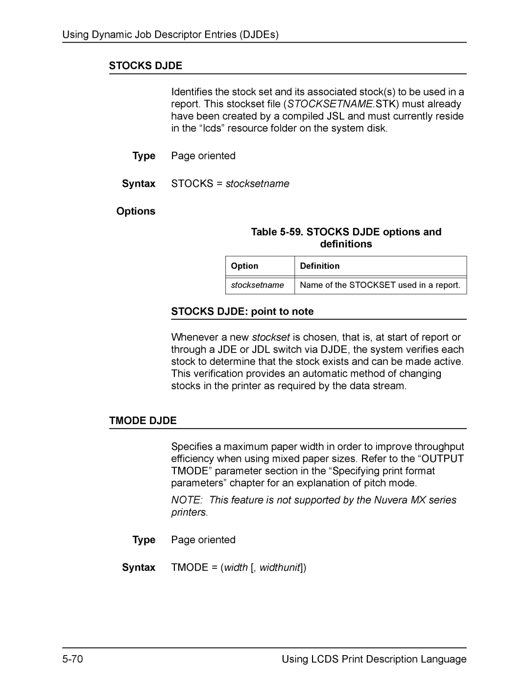 Xerox FreeFlow manual Options 59. Stocks Djde options Definitions, Stocks Djde point to note, Tmode Djde 